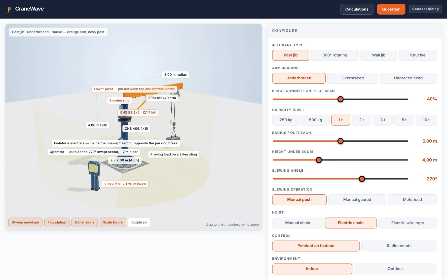 Jib Crane Configurator screen