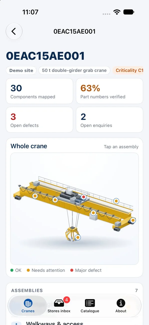 Tap an assembly on the crane to drill down to its parts