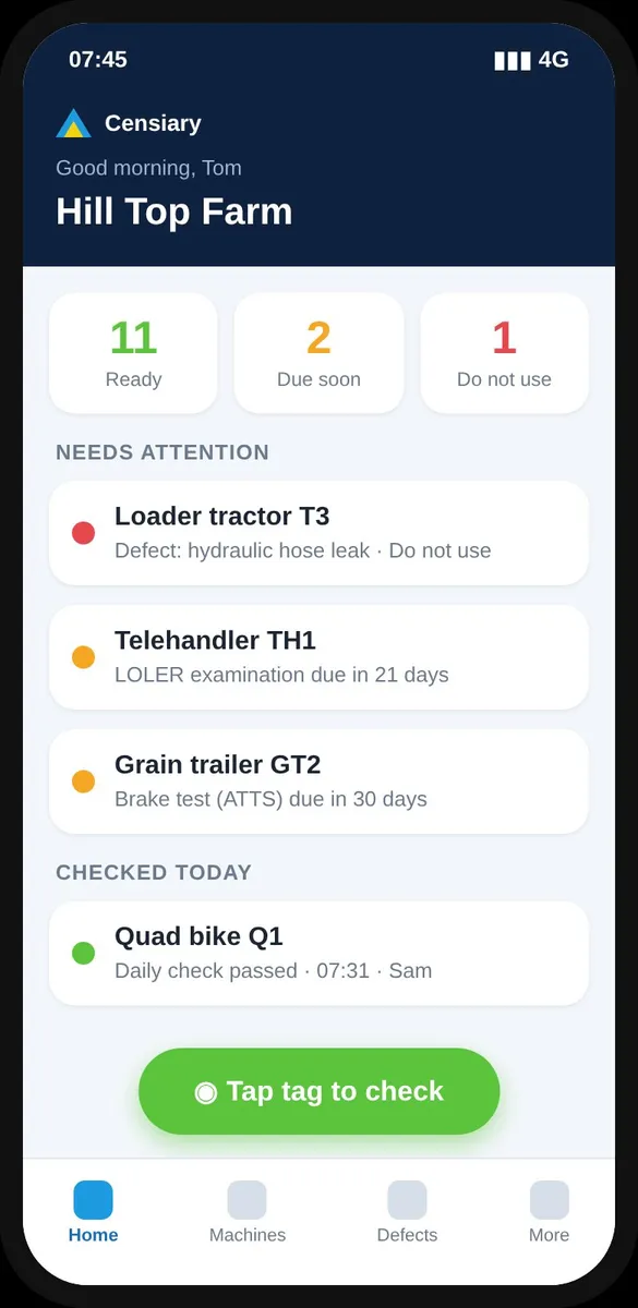 Censiary Farm Machinery Compliance screen