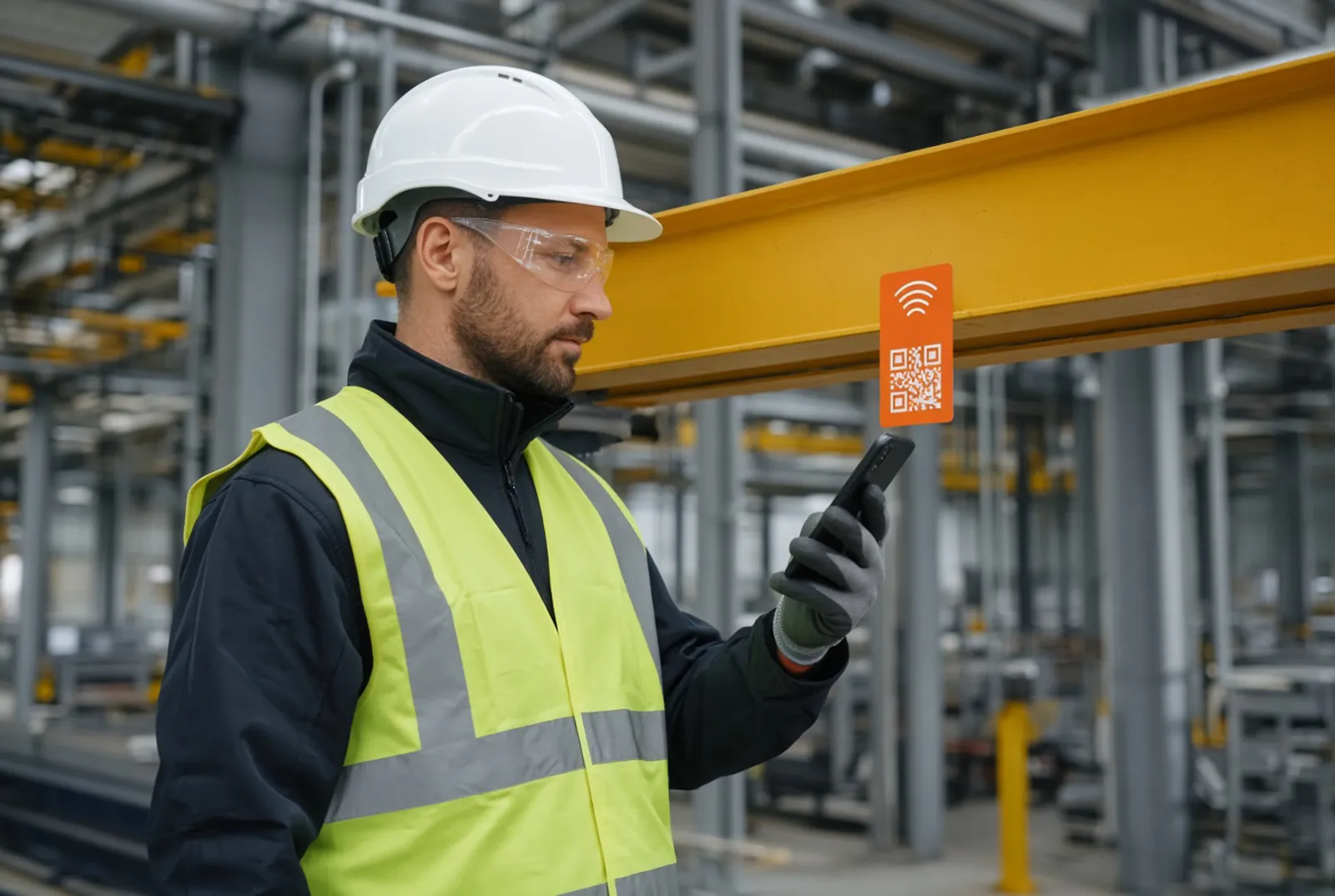 Illustrative image: a person in hard hat, safety glasses, gloves and hi-vis scanning an asset tag on a steel beam with a phone.