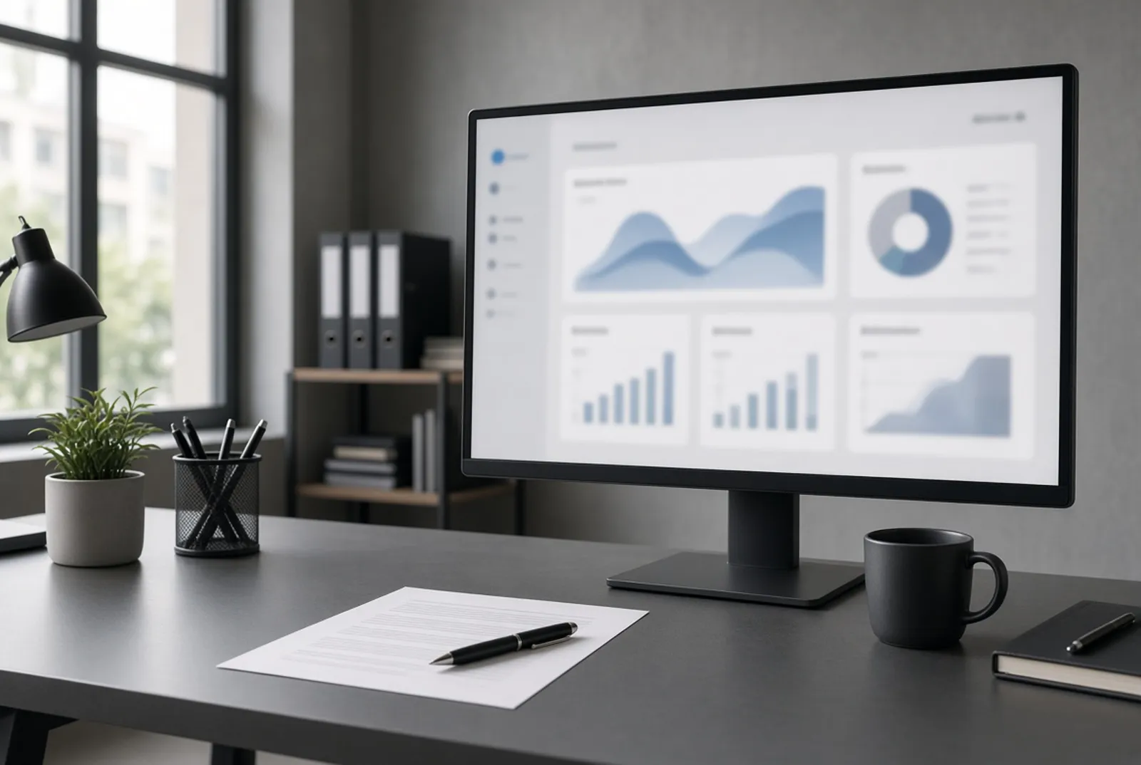Illustrative image: a reporting dashboard on an office monitor.