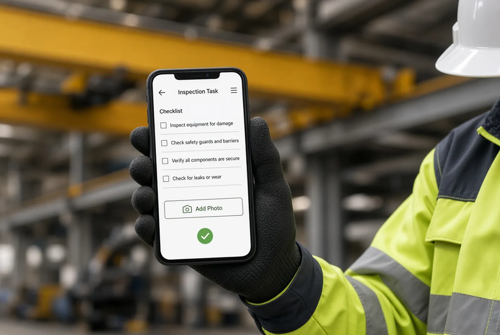 Illustrative image: a gloved hand holding a phone showing an inspection checklist.