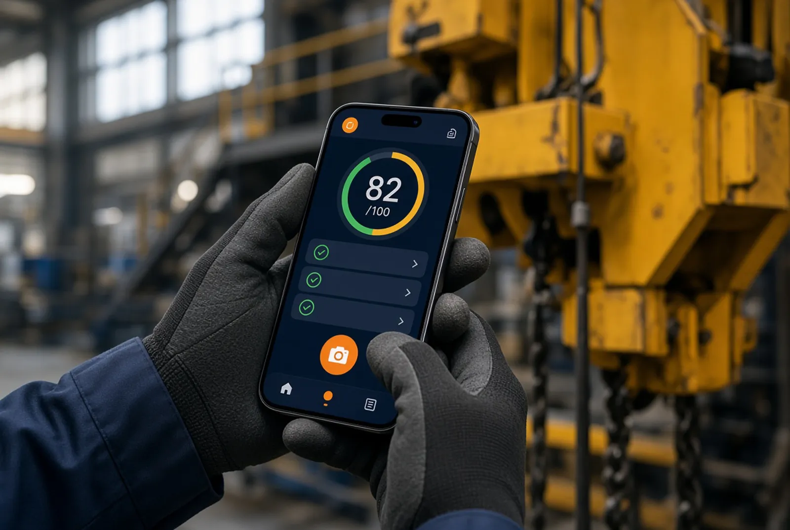 Illustrative image: a gloved hand holding a phone showing an asset health score.