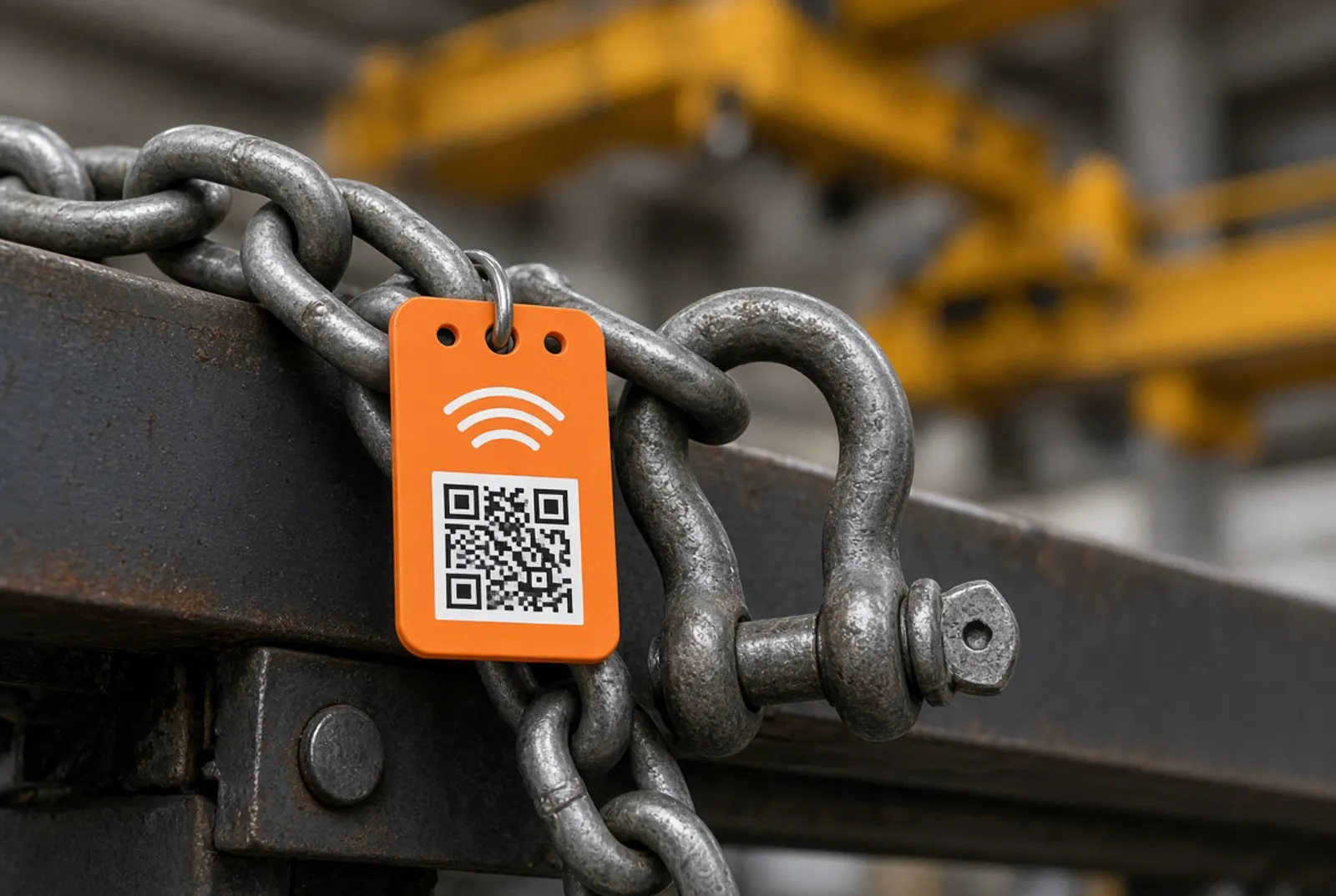 Illustrative image: an NFC and QR asset tag on a lifting chain beside a shackle.